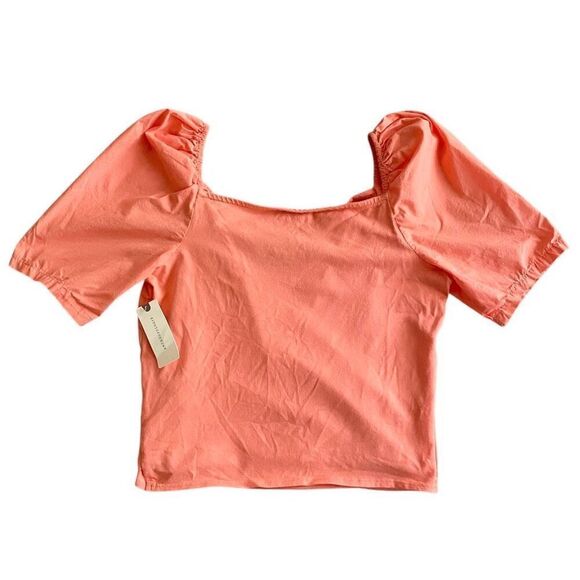 Anthropologie Coral Pink Puff Sleeve V-Neck Faux Wrap Crop Top NWT Size Small - Picture 3 of 6